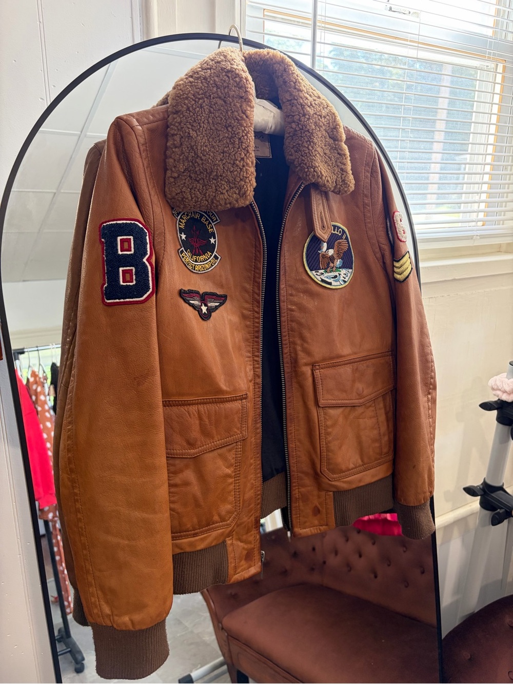 Brown Leather Bomber Jacket with Sherpa Collar